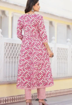 Printed Pure Cotton Aline Suit in Dark Pink and Cream