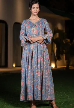 Printed Pure Cotton Aline Dress in Blue