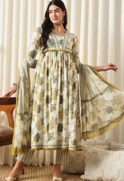 Printed Pure Cotton Aline Suit in Off White