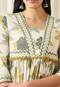 Printed Pure Cotton Aline Suit in Off White