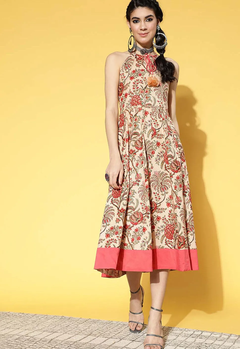 Printed Pure Cotton Aline Dress in Beige