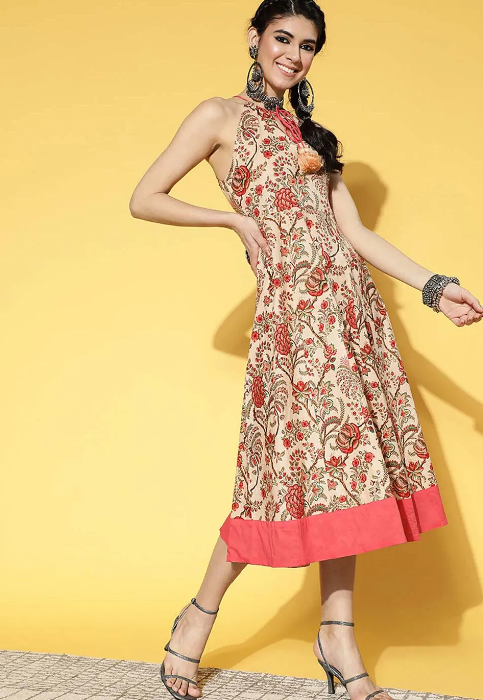 Printed Pure Cotton Aline Dress in Beige