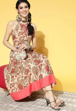 Printed Pure Cotton Aline Dress in Beige