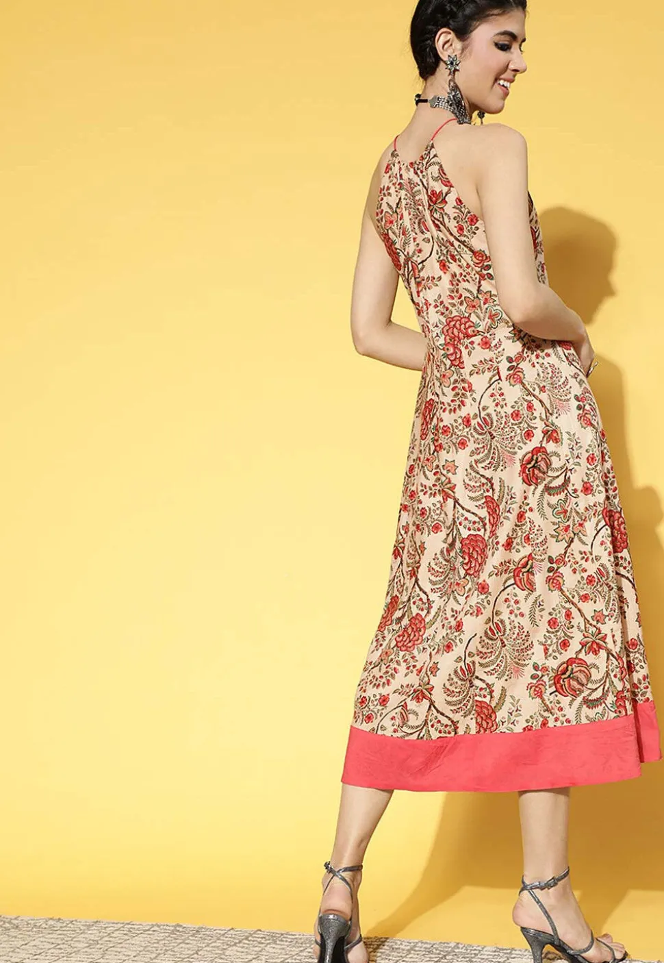 Printed Pure Cotton Aline Dress in Beige