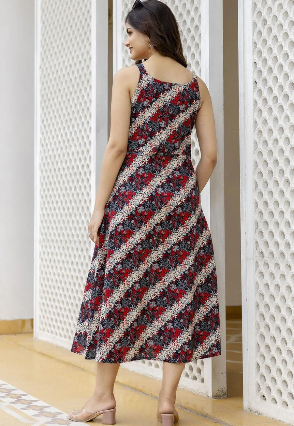 Printed Pure Cotton Aline Dress in Multicolor