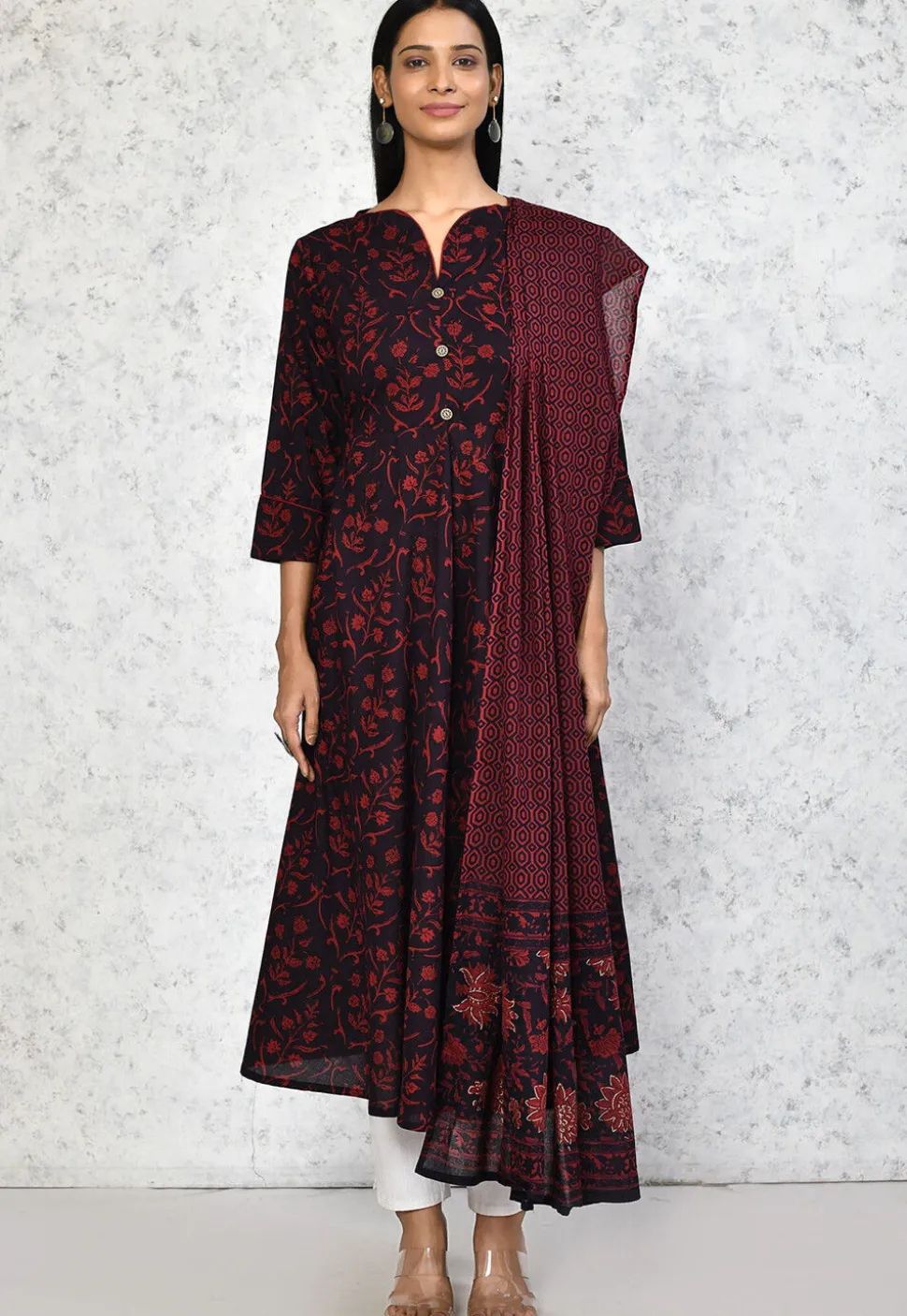 Printed Pure Cotton Aline Suit in Black
