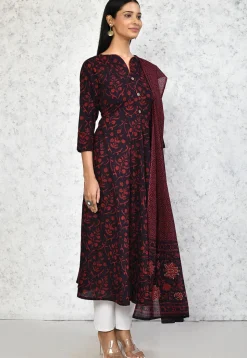 Printed Pure Cotton Aline Suit in Black