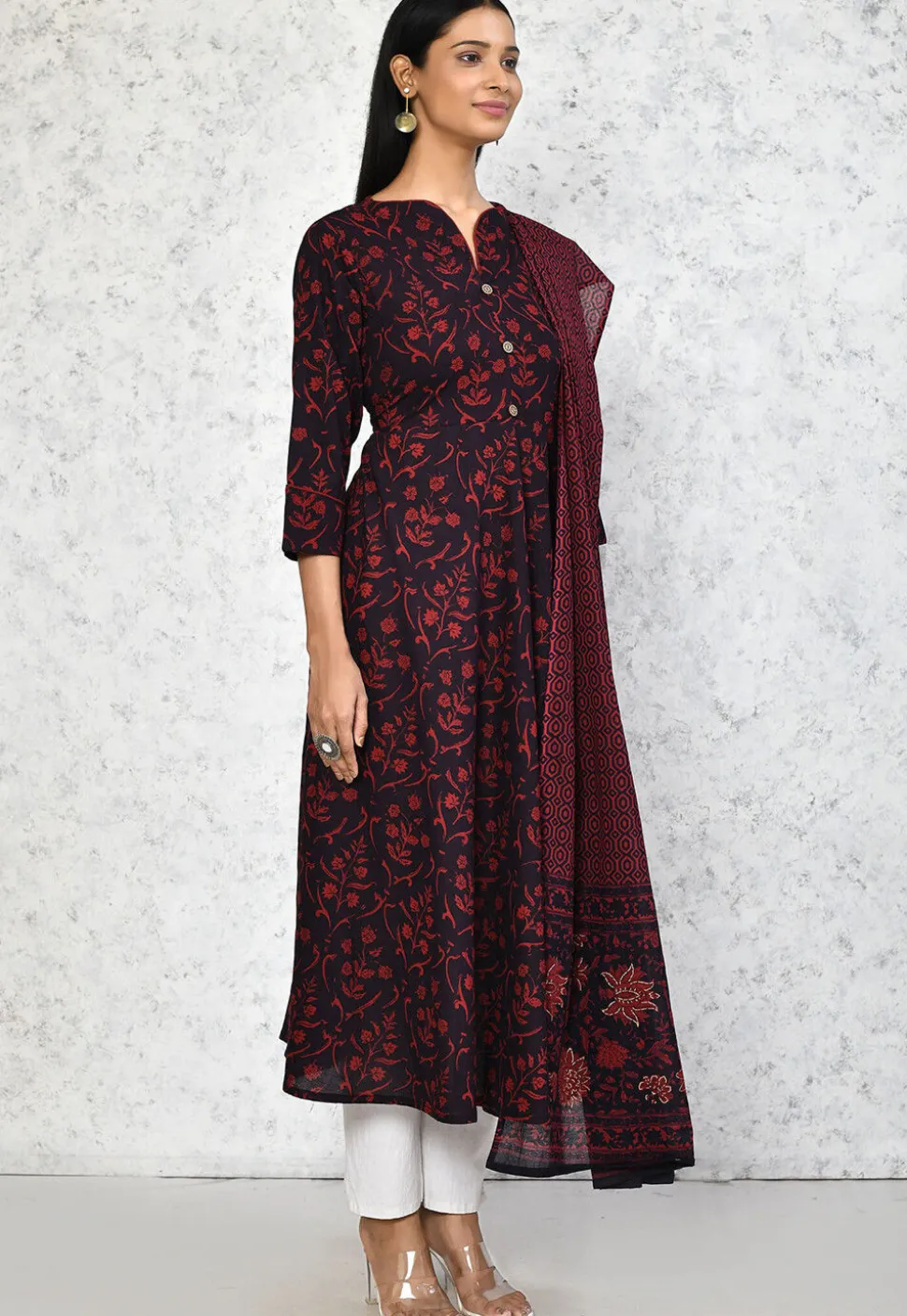 Printed Pure Cotton Aline Suit in Black