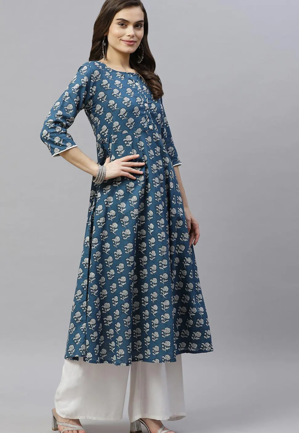 Printed Pure Cotton Aline Suit in Navy Blue
