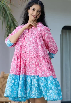 Printed Pure Cotton Aline Dress in Pink and Blue