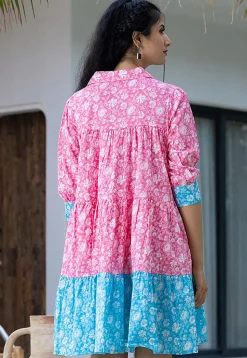 Printed Pure Cotton Aline Dress in Pink and Blue