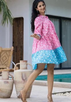 Printed Pure Cotton Aline Dress in Pink and Blue