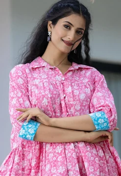 Printed Pure Cotton Aline Dress in Pink and Blue