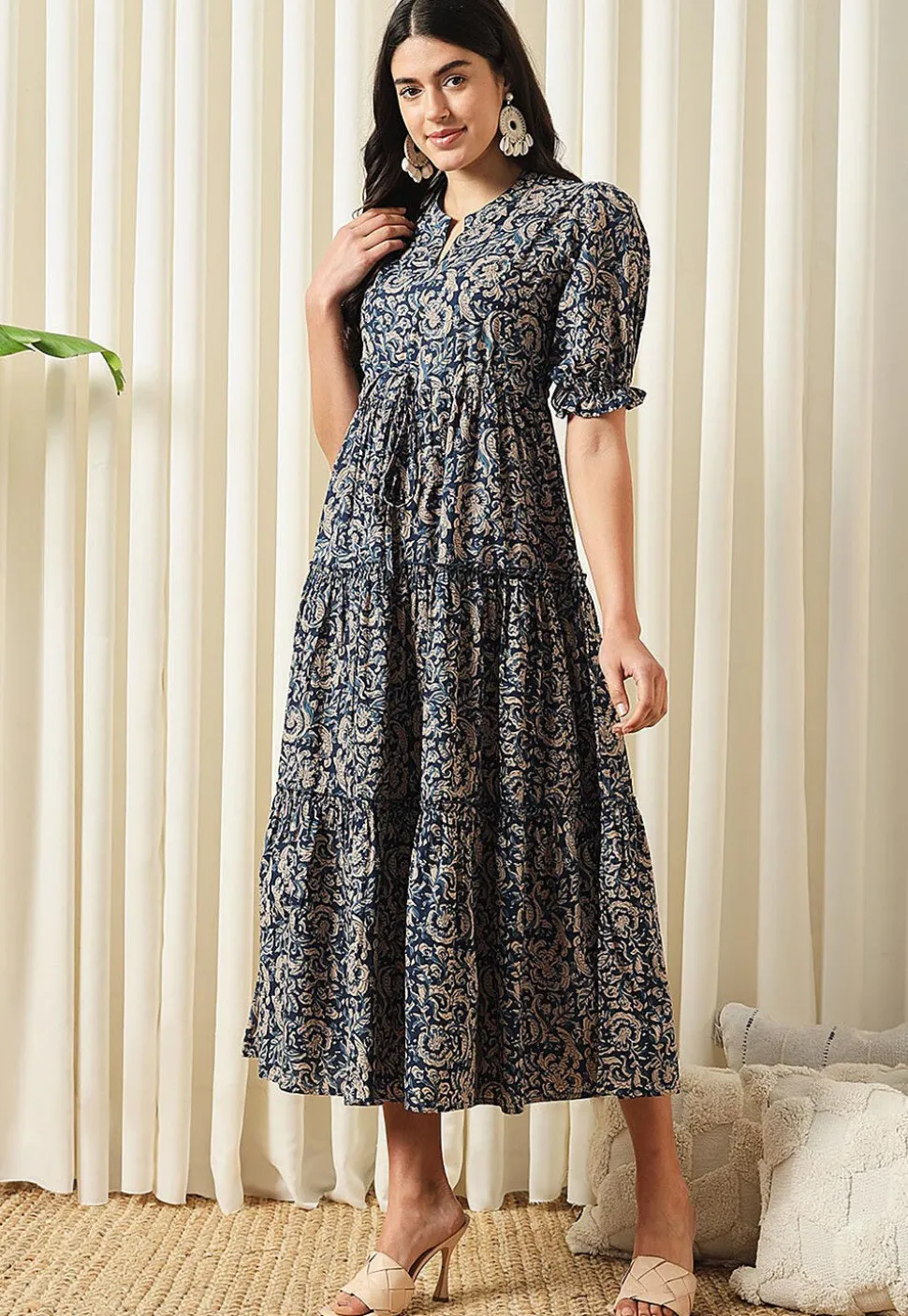 Printed Pure Cotton Aline Dress in Navy Blue