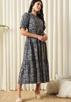 Printed Pure Cotton Aline Dress in Navy Blue