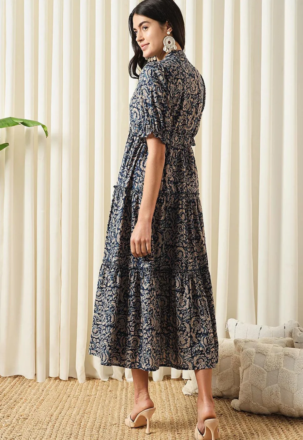 Printed Pure Cotton Aline Dress in Navy Blue