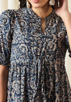Printed Pure Cotton Aline Dress in Navy Blue