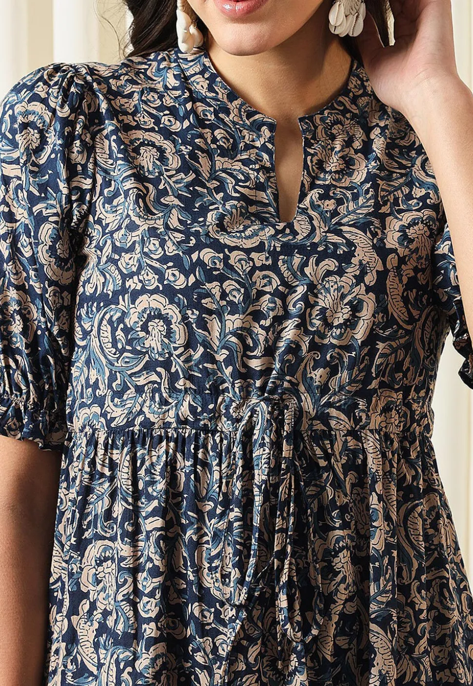 Printed Pure Cotton Aline Dress in Navy Blue
