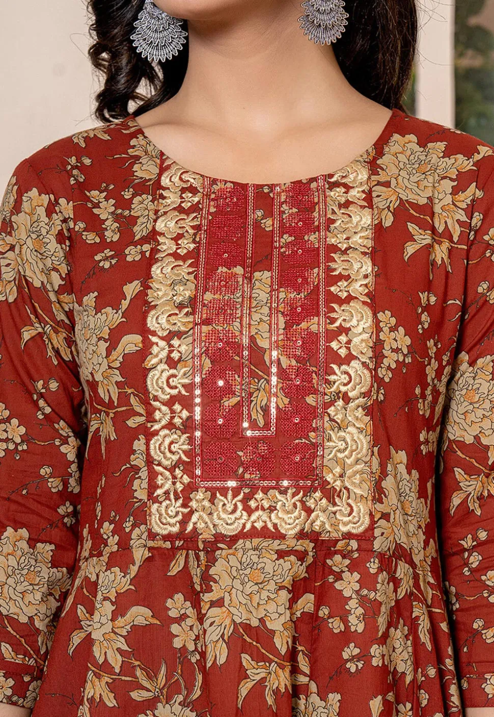 Printed Pure Cotton Aline Suit in Dark Orange