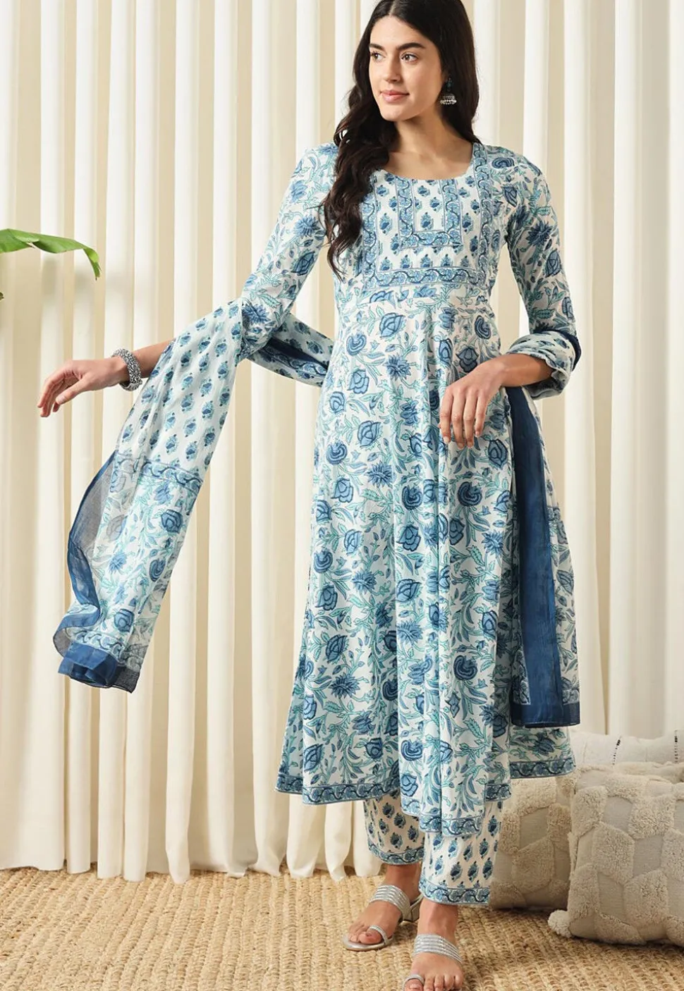 Printed Pure Cotton Aline Suit in White and Blue