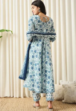 Printed Pure Cotton Aline Suit in White and Blue