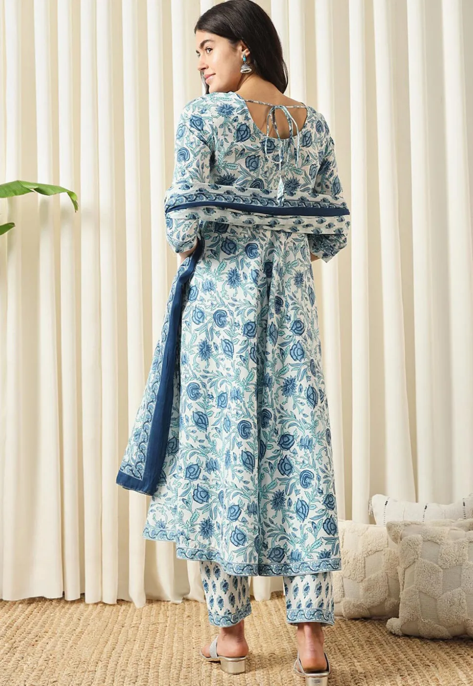 Printed Pure Cotton Aline Suit in White and Blue