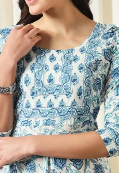 Printed Pure Cotton Aline Suit in White and Blue