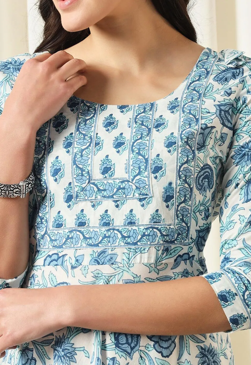 Printed Pure Cotton Aline Suit in White and Blue