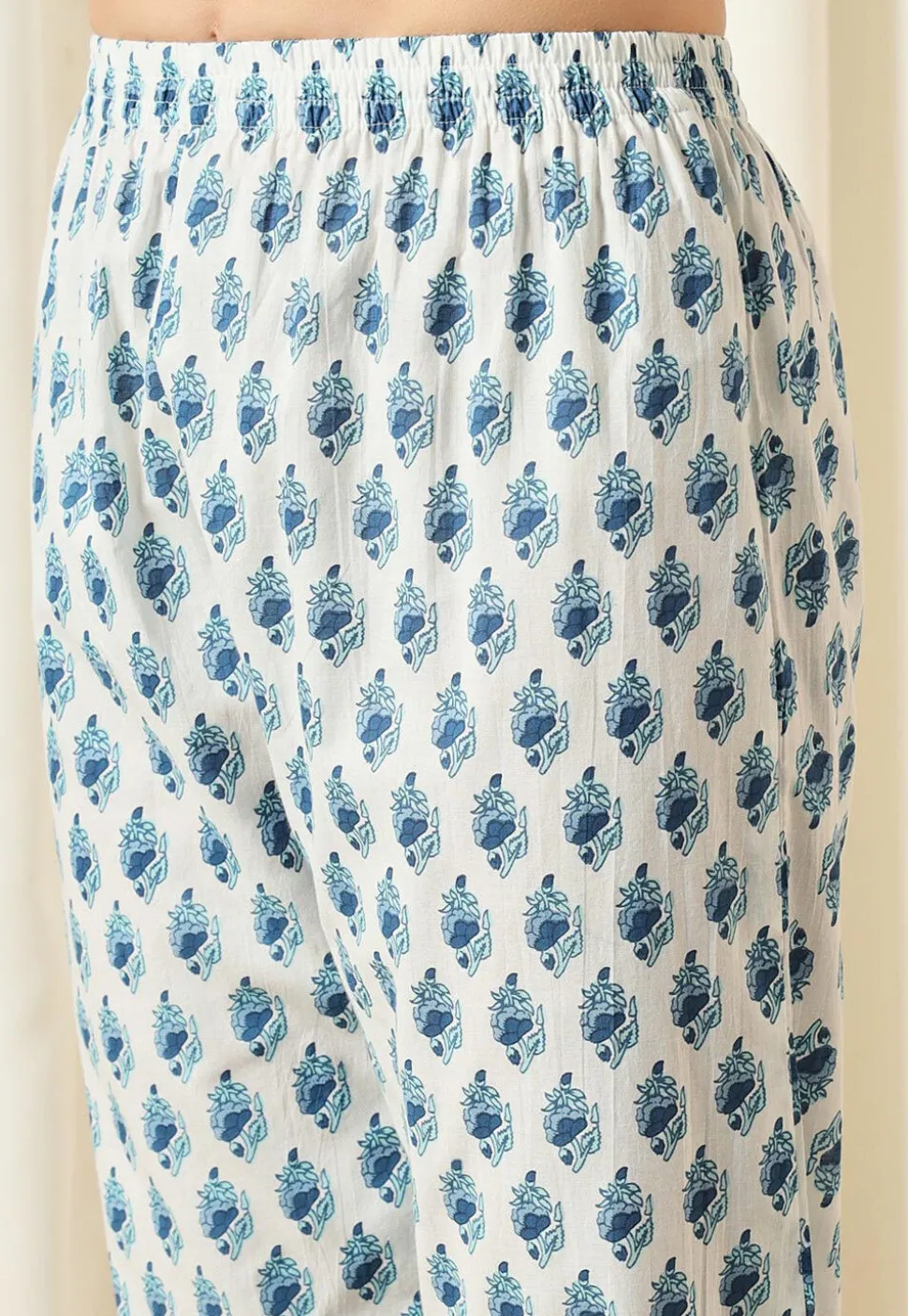 Printed Pure Cotton Aline Suit in White and Blue