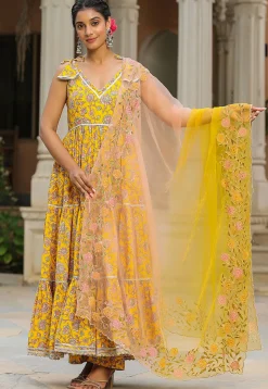 Printed Pure Cotton Aline Suit in Yellow