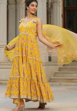 Printed Pure Cotton Aline Suit in Yellow