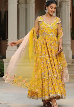 Printed Pure Cotton Aline Suit in Yellow