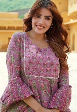 Printed Pure Cotton Aline Suit in Purple