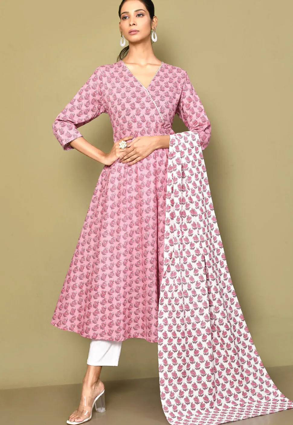 Printed Pure Cotton Aline Suit in Pink