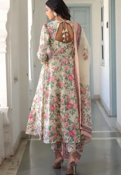 Printed Pure Cotton Aline Suit in Off White