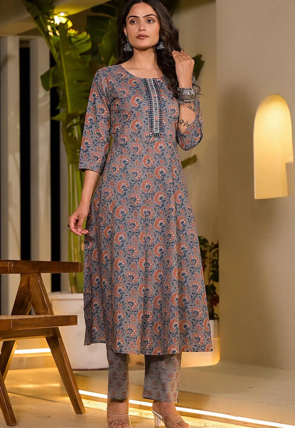 Printed Pure Cotton Aline Suit in Grey