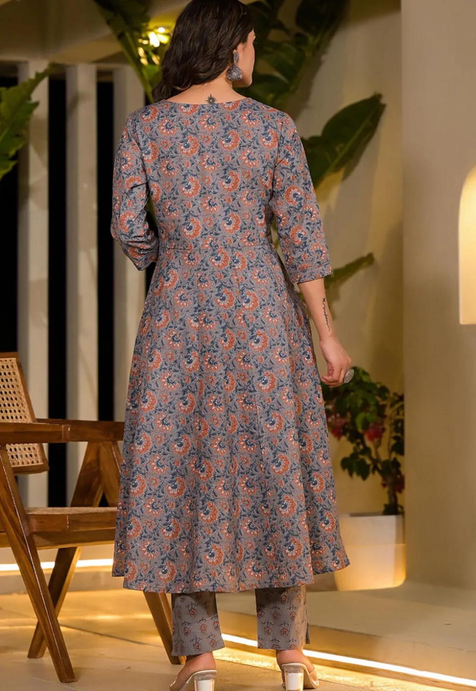 Printed Pure Cotton Aline Suit in Grey