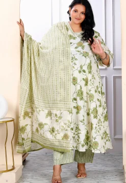 Printed Pure Cotton Aline Suit in Off White