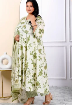 Printed Pure Cotton Aline Suit in Off White