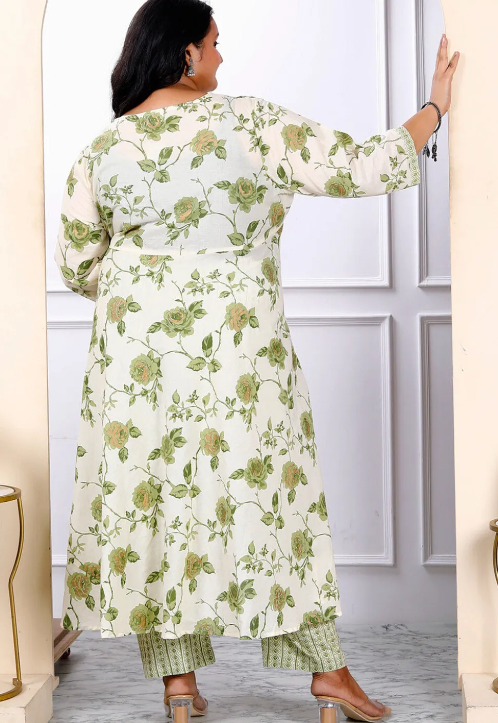 Printed Pure Cotton Aline Suit in Off White