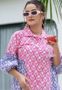 Printed Pure Cotton Aline Dress in Pink and Light Purple