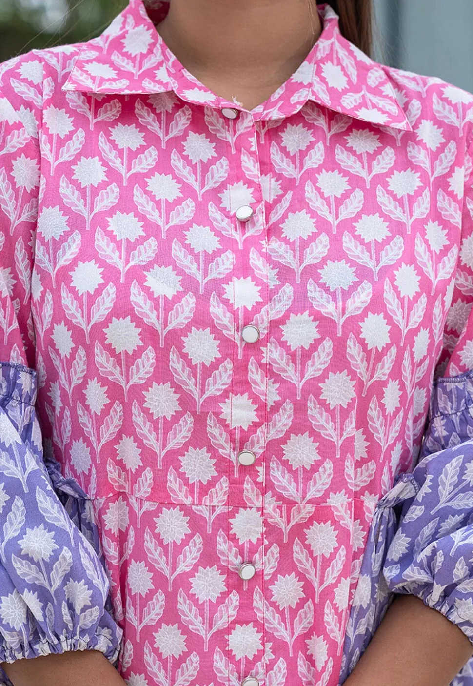 Printed Pure Cotton Aline Dress in Pink and Light Purple