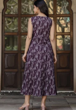 Printed Pure Cotton Aline Dress in Dark Violet