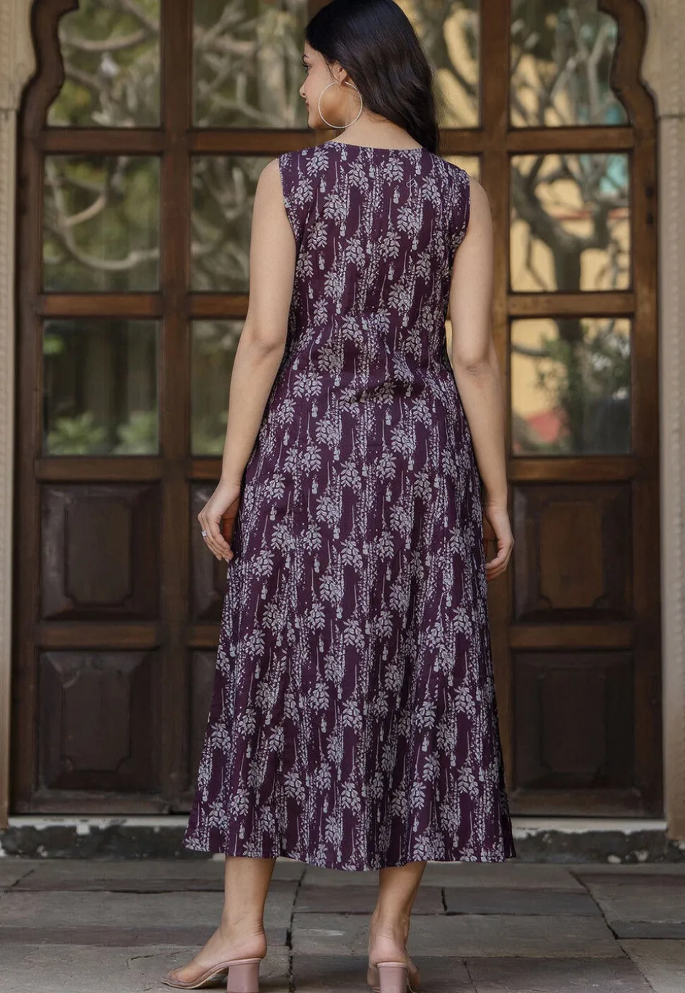 Printed Pure Cotton Aline Dress in Dark Violet