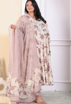 Printed Pure Cotton Aline Suit in Off White