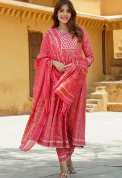 Printed Pure Cotton Aline Suit in Pink