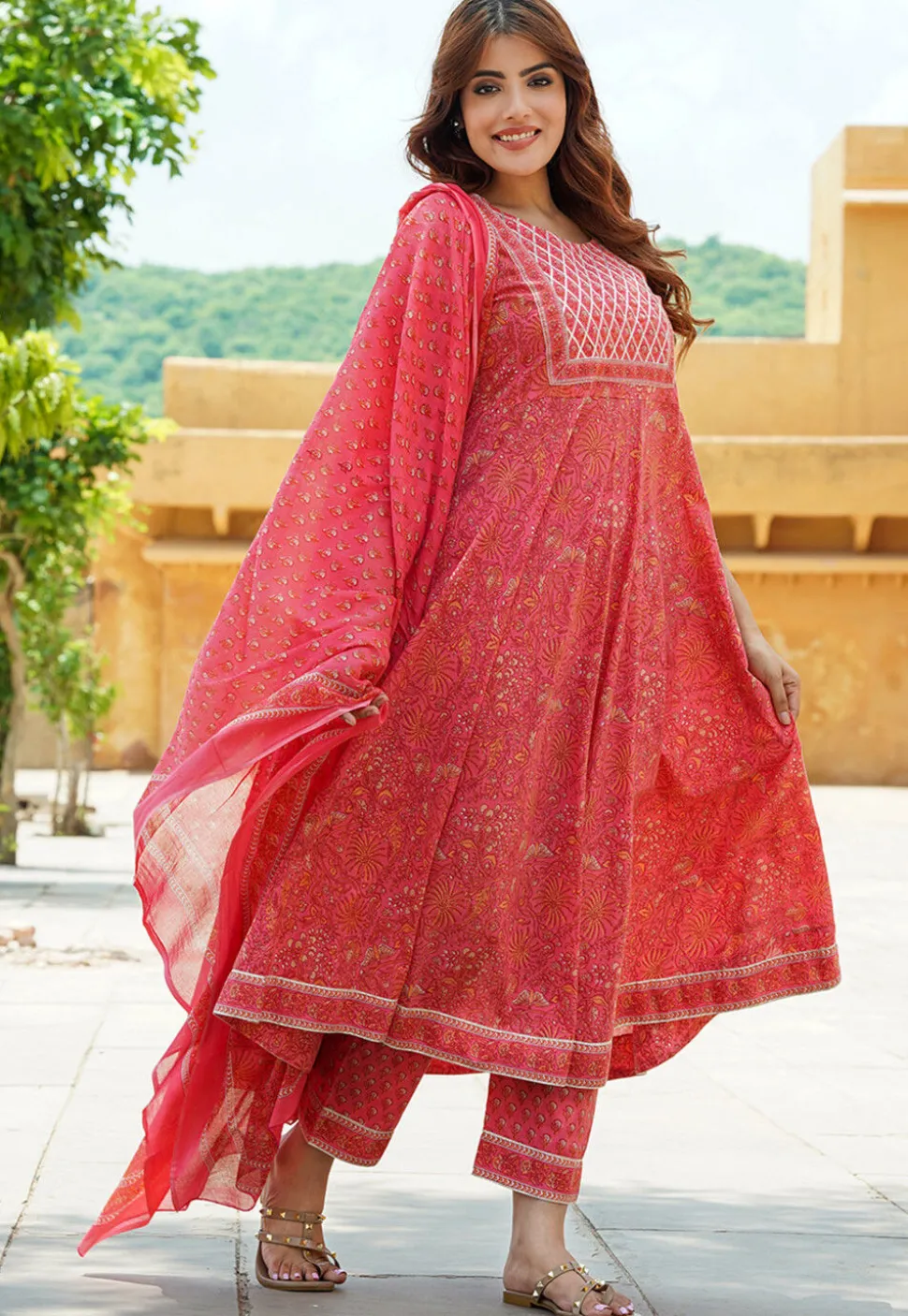 Printed Pure Cotton Aline Suit in Pink