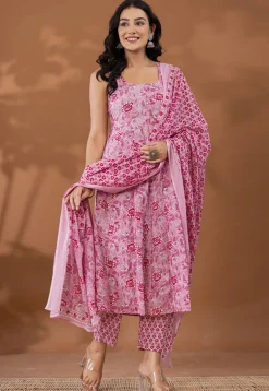 Printed Pure Cotton Aline Suit in Light Pink