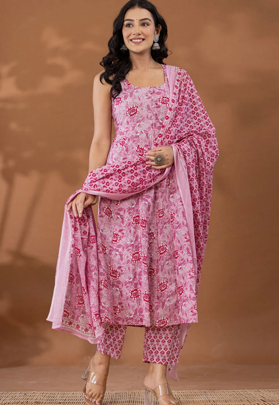 Printed Pure Cotton Aline Suit in Light Pink