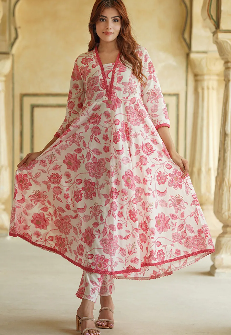 Printed Pure Cotton Aline Suit in Off White and Dark Pink